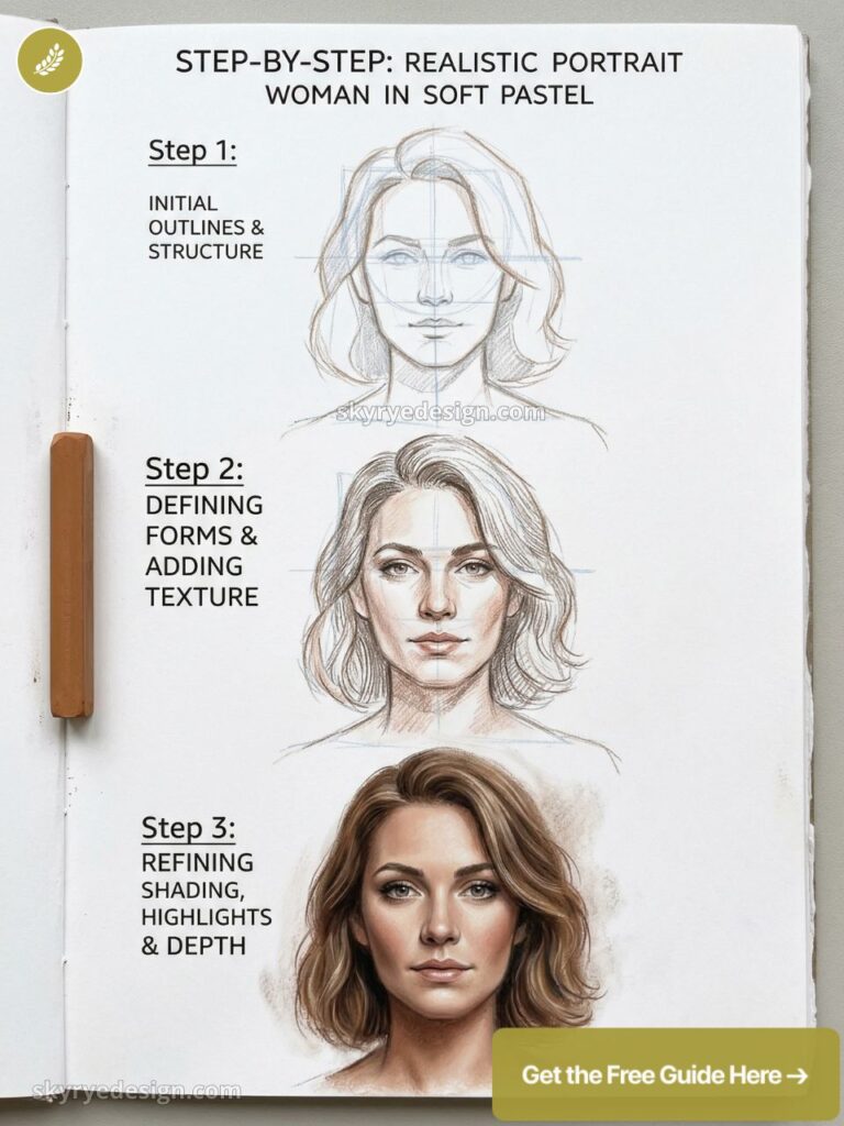 Step-by-step realistic portrait tutorial: woman's face in soft pastel — initial sketch, form and texture, refined shading.