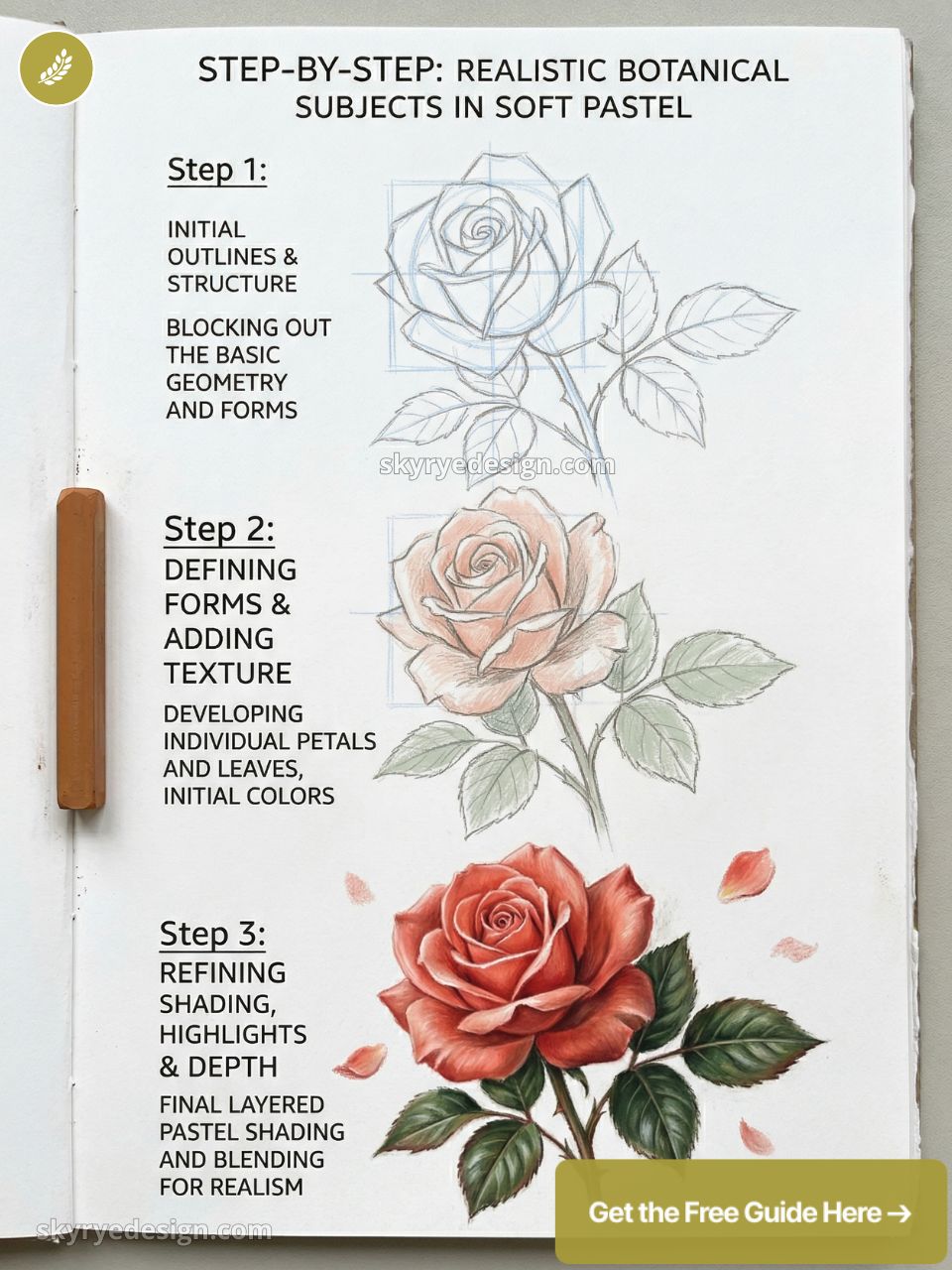 Step-by-step botanical rose drawing in soft pastel showing initial sketch, mid-tone texture, and final realistic shaded rose