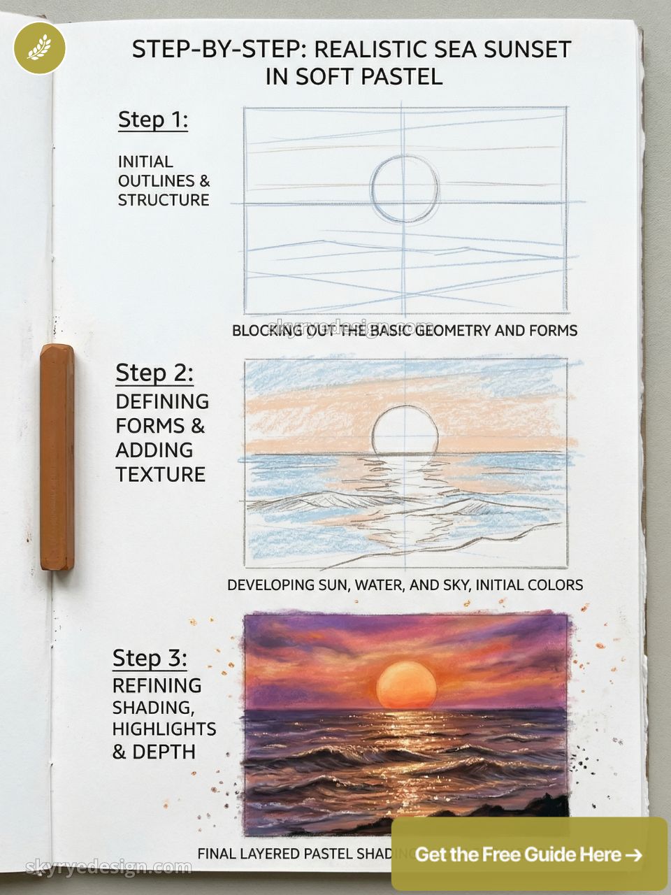 Step-by-step soft pastel sea sunset tutorial showing initial sketches, mid-tones, and final realistic painting