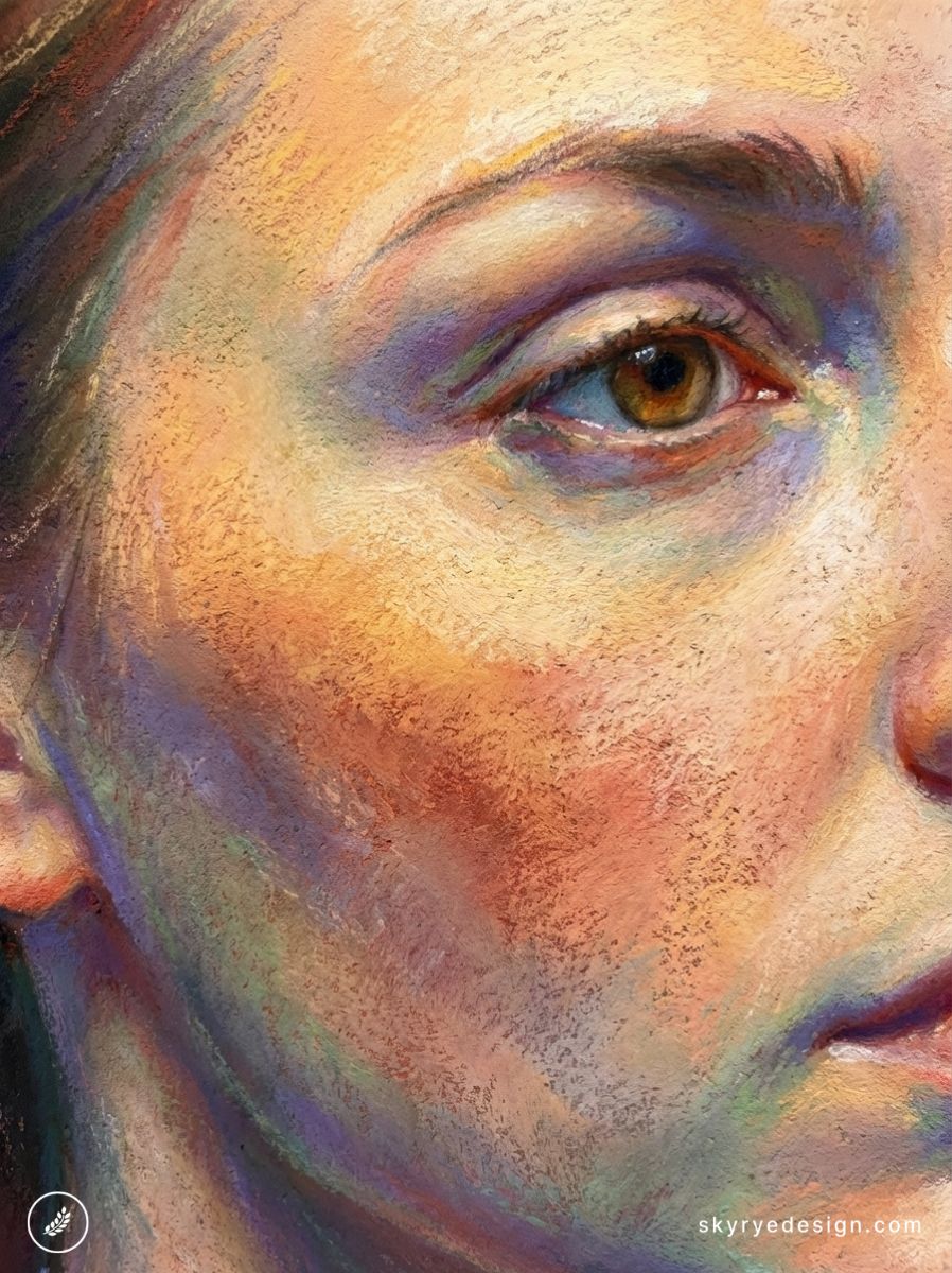 Colorful textured close-up portrait painting of a woman's eye and cheek in pastel tones, contemporary art detail
