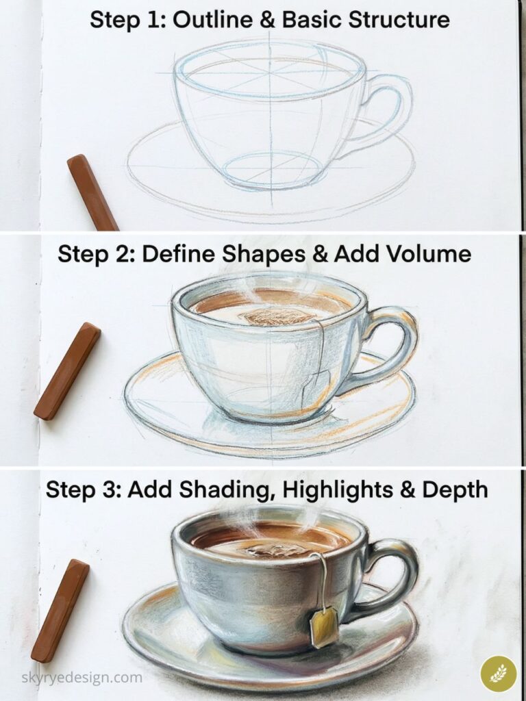 Step-by-step teacup drawing tutorial: outline, define shapes, add shading and highlights on cup and saucer.