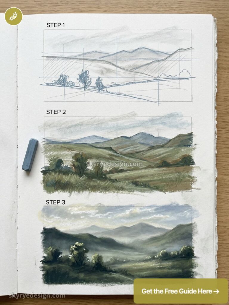 Three-step landscape tutorial: sketch, mid-tone study, finished misty hills in pastel/charcoal.