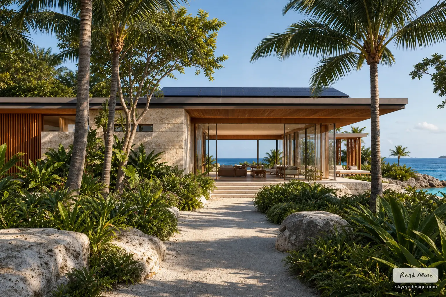 Modern luxury beachfront villa with solar panels, floor-to-ceiling glass, tropical palms and ocean view.