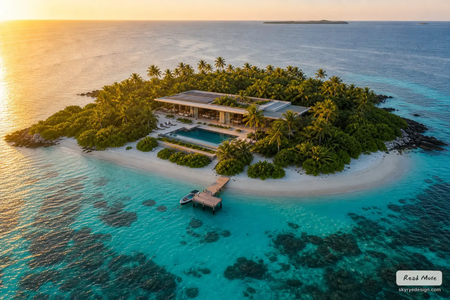 Secluded luxury private island villa with pool, sandy beach and dock on turquoise tropical ocean at sunset