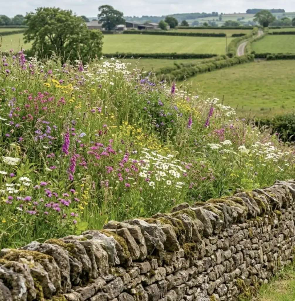 Moss-covered dry stone wall, summer wildflower meadow, rolling countryside and distant farm