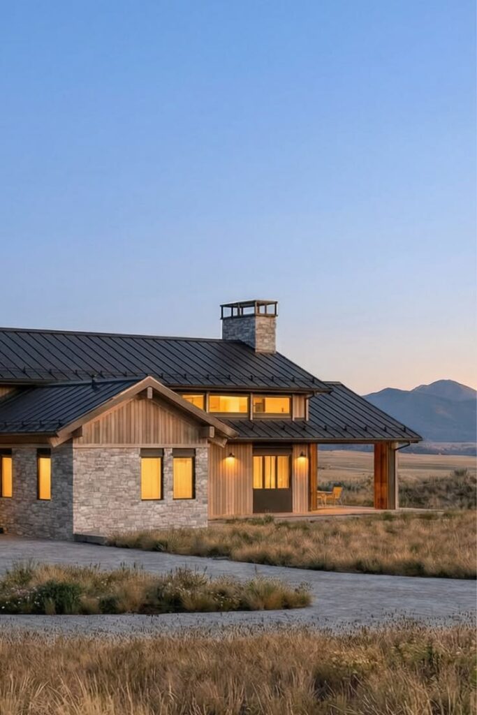 Modern countryside house with stone and wood exterior, metal roof, warm glowing windows at dusk with distant mountain view.