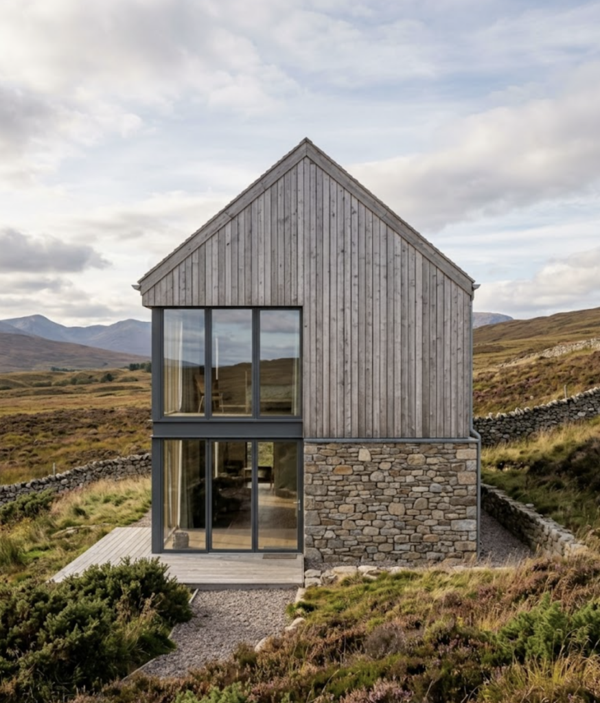 Modern timber-clad countryside house with stone base and large glass windows overlooking rolling moorland and distant hills