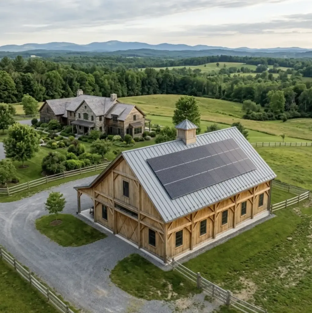 Aerial view of barn with solar panels at a rustic country estate and stone farmhouse amid rolling green hills