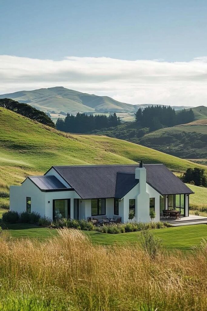 Modern farmhouse-style white country home with black roof, panoramic windows, set among rolling green hills