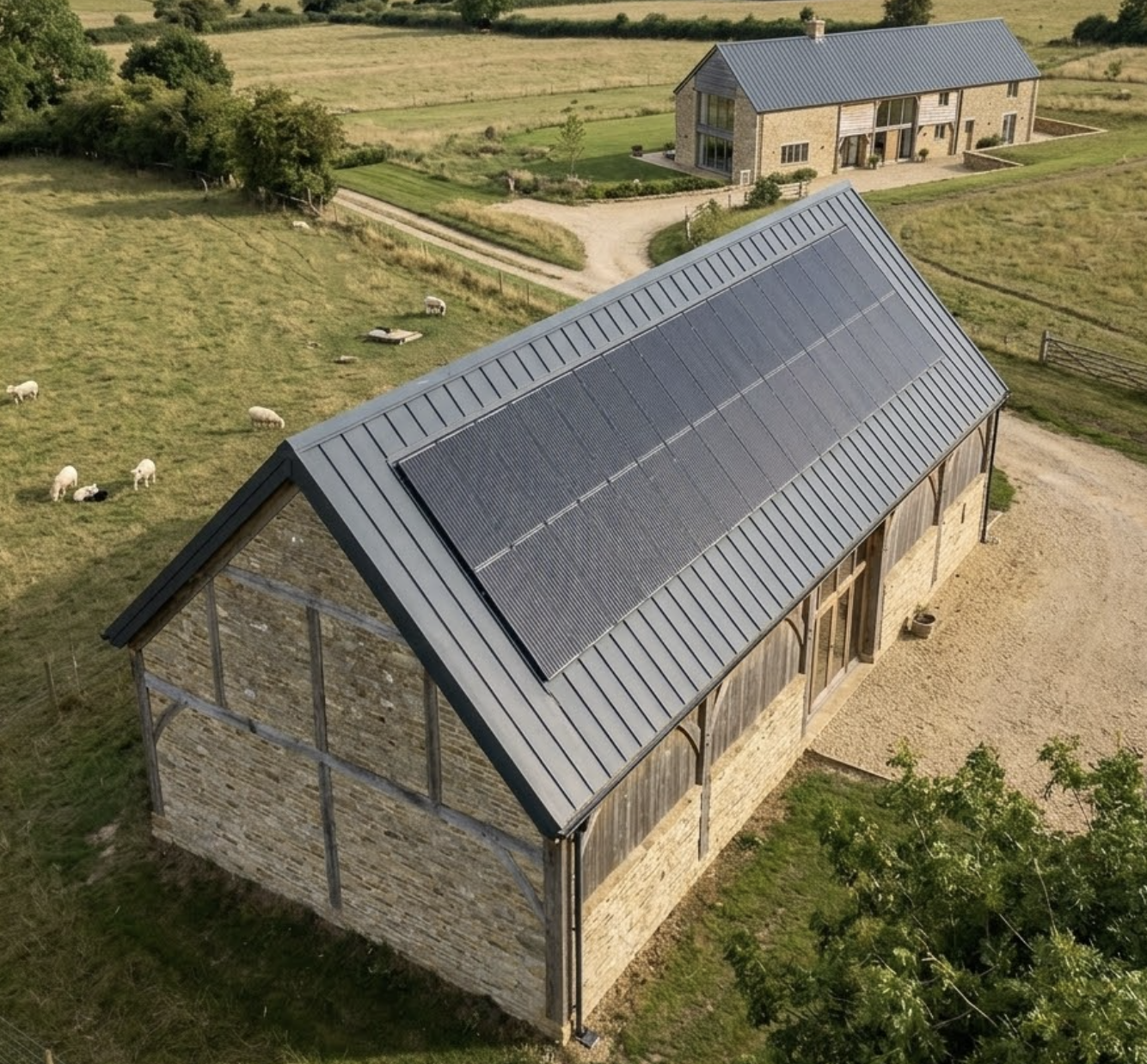Aerial view of stone barn with rooftop solar panels in rural English countryside, sheep grazing and farmhouse in background.