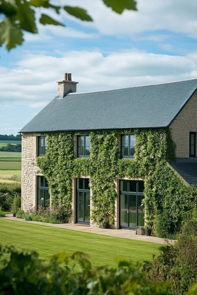 Ivy-covered stone country house with slate roof, large windows and manicured lawn in rural setting
