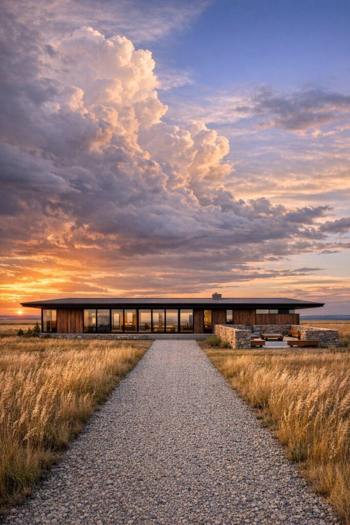 Modern prairie house at sunset, dramatic cloud-filled sky, gravel path leading through golden grasslands