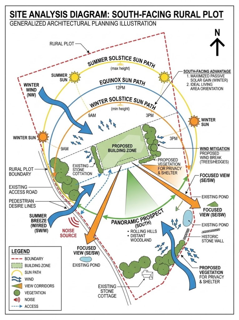 Site diagram - south-facing rural plot showing summer/winter/equinox sun paths, wind, proposed building zone and vegetation.