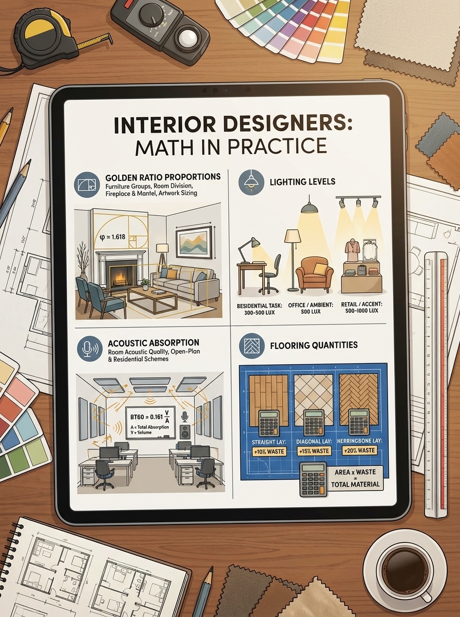 Interior design infographic on tablet: golden ratio, lighting, acoustics, flooring; desk with swatches, floor plans and tools