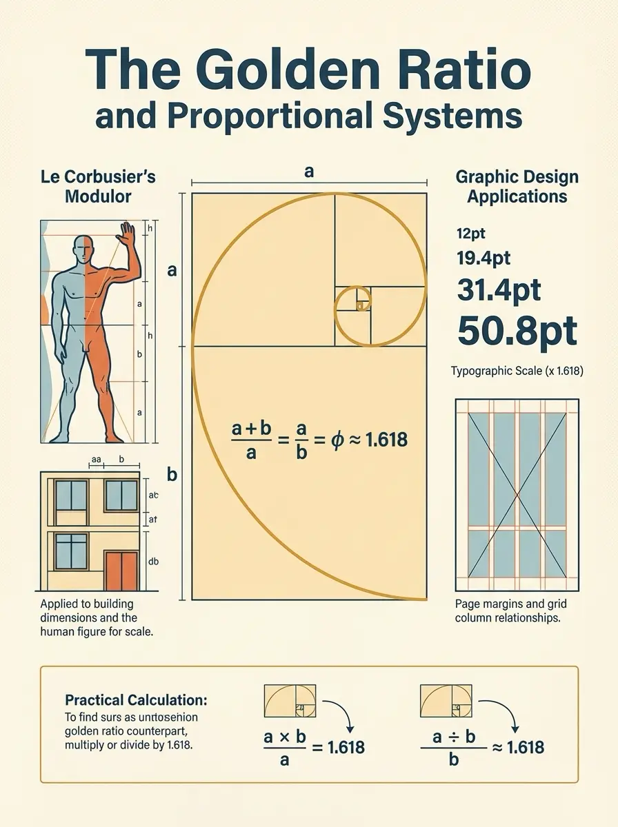 Golden Ratio infographic: Fibonacci spiral and formula φ≈1.618, human proportion modulor, typographic scale and layout guides