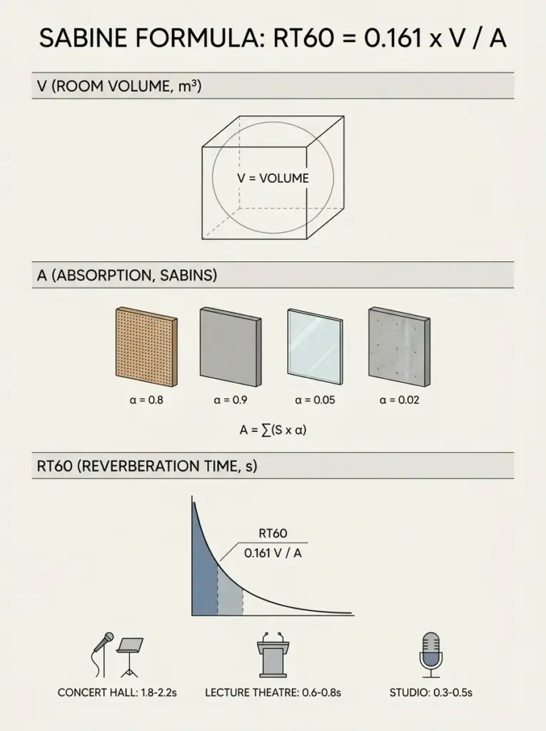 Sabine formula RT60 = 0.161 V/A infographic: room volume, absorption (sabins), RT60 decay curve and ranges.