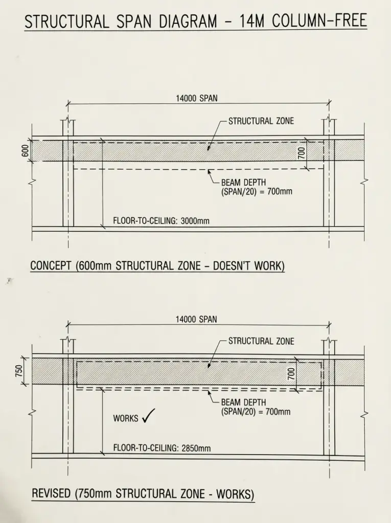 Structural span diagram 14m column-free comparing 600mm vs 750mm structural zone; beam depth 700mm.