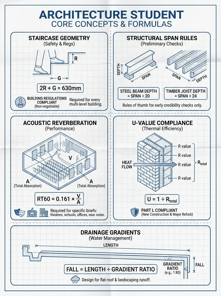 Architecture student infographic: stair geometry, span rules, acoustics RT60, U-value, drainage gradients