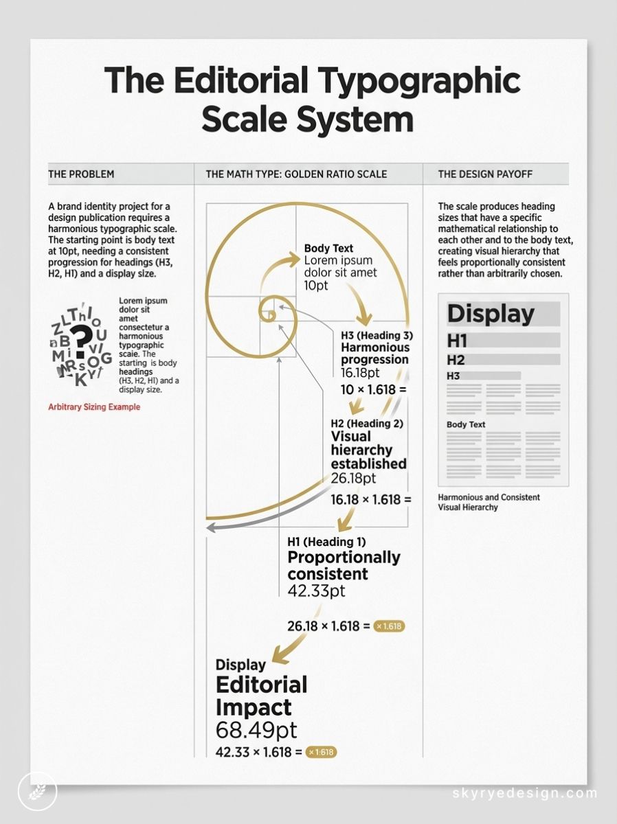 Infographic of editorial typographic scale system using the golden ratio to derive body text and heading sizes and hierarchy