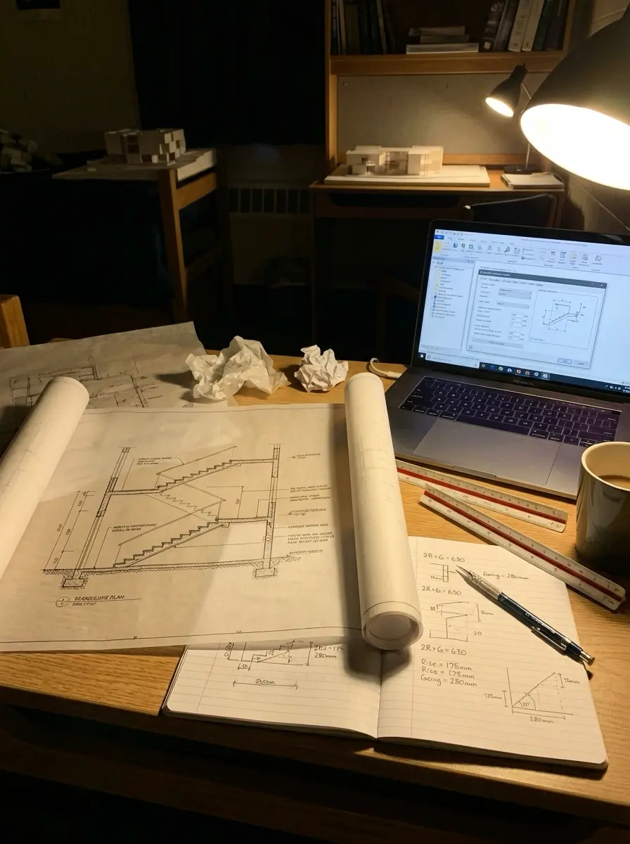Architectural blueprints on student desk at night with rolled plans, laptop, sketches, ruler and coffee