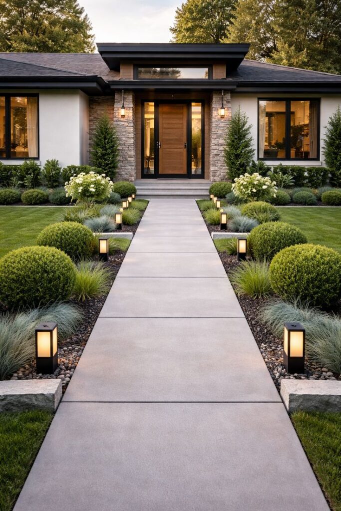 Modern single-story home entrance with paved walkway, manicured boxwood landscaping and warm pathway lighting Front Door Plant Ideas