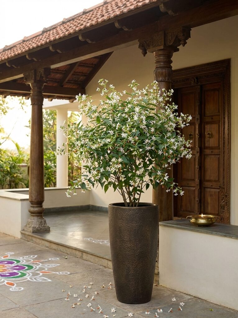 Tall textured planter with white flowering shrub on a traditional Indian porch beside carved wooden door and colorful rangoli.