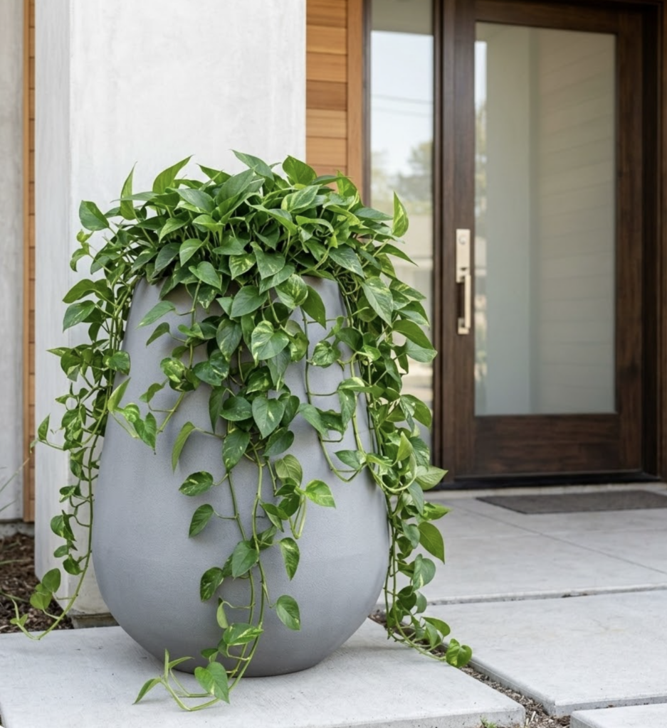 Modern gray outdoor planter with cascading pothos vines by a contemporary front door