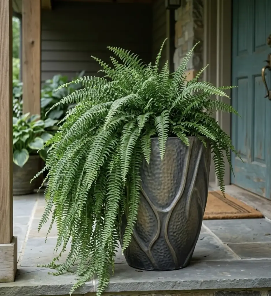 Boston fern in textured planter cascading over stone front porch, outdoor plant and porch decor