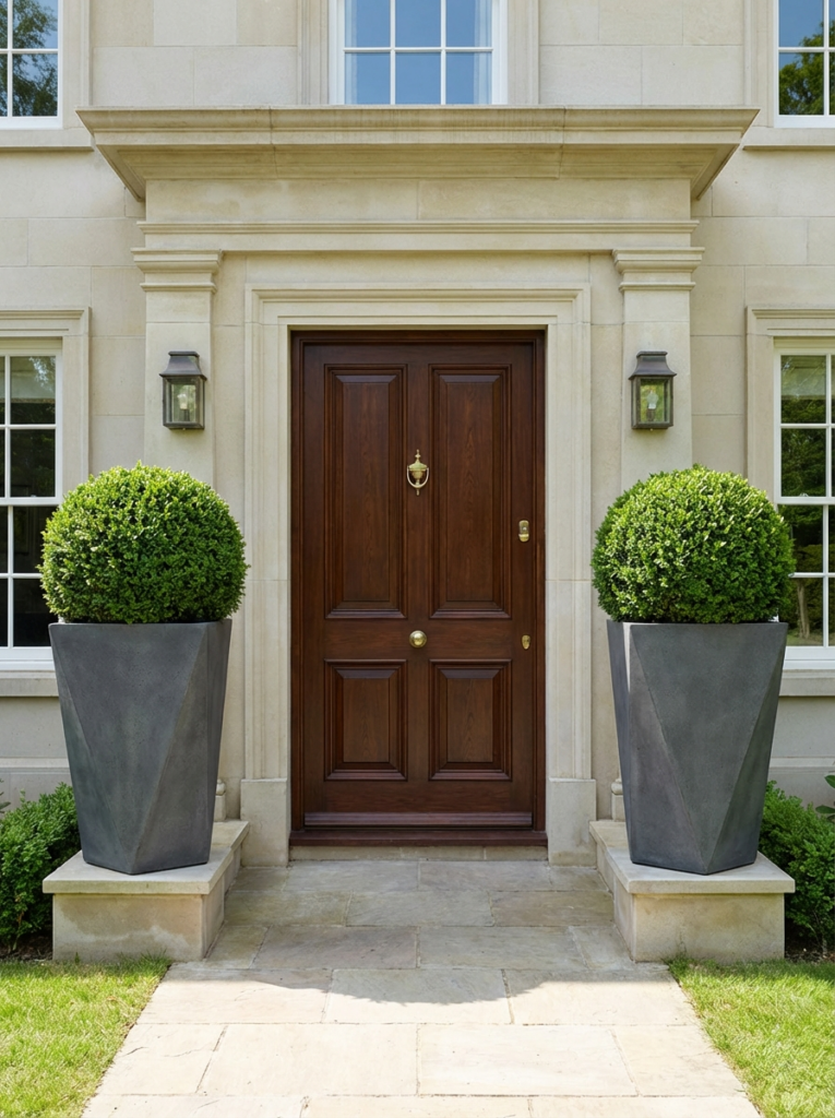 Elegant wooden front door with brass knocker, stone facade and geometric planters with round boxwood topiaries