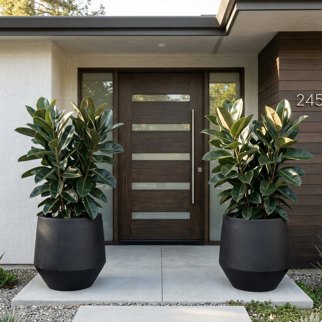 Contemporary front entry with dark wood door flanked by two large black planters holding glossy green plants.