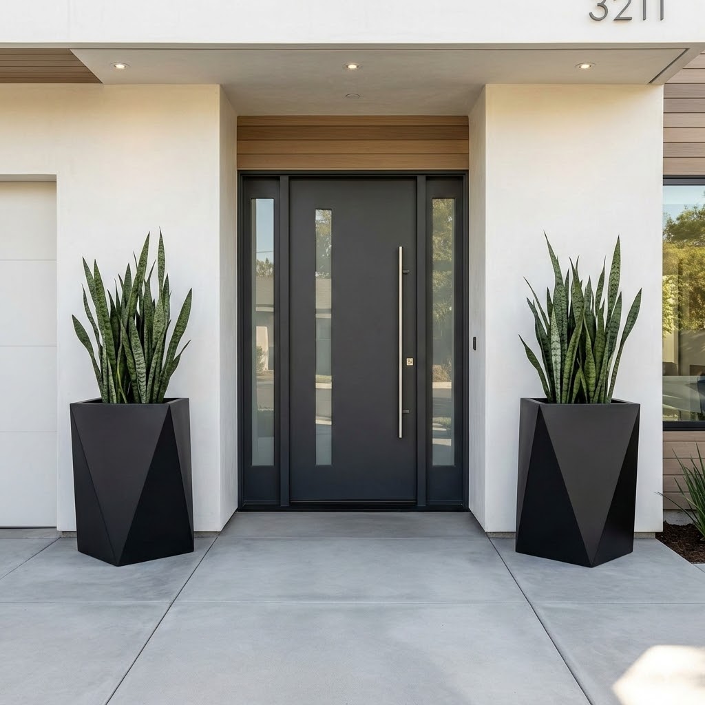 Modern black front door with tall geometric planters and snake plants, minimalist concrete entryway
