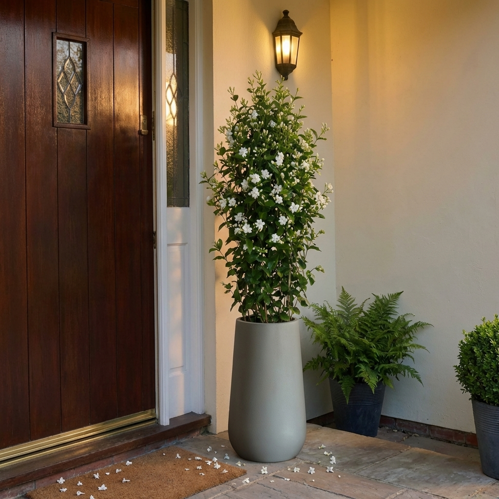 Front porch entry with wooden door, lit wall lantern and tall gray planter of white flowering jasmine beside doormat