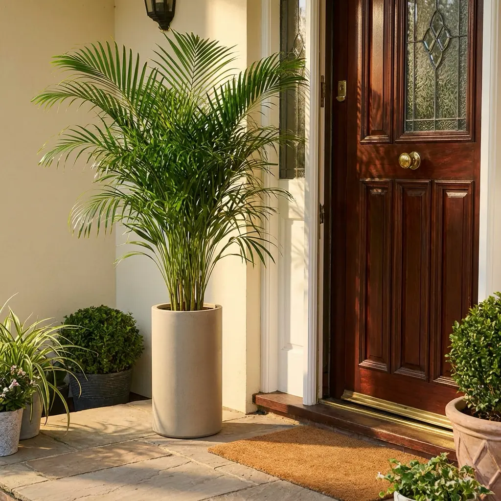 Sunny front entryway with wooden door, tall potted palm in a beige planter, doormat and decorative planters on stone porch