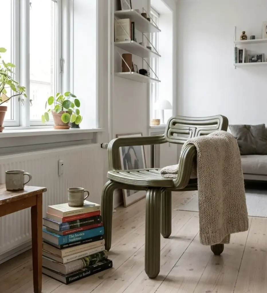 Cozy Scandinavian reading nook with modern olive-green tube chair, knitted throw, stacked books, potted plants by window