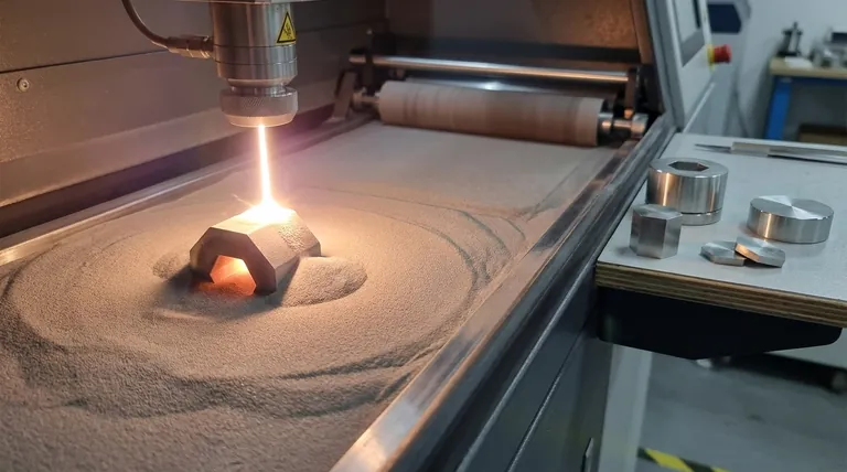 Industrial metal 3D printing: laser powder bed fusion (LPBF) creating a metal part in a powder bed