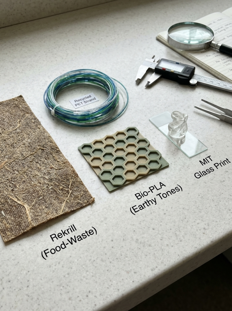 Sustainable material samples: Rekrill food-waste sheet, recycled PET strand, bio-PLA hex tile, MIT glass print, caliper