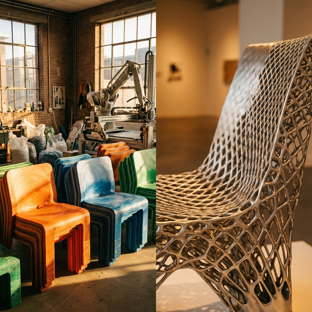 Colorful stacked molded chairs in a design workshop beside a close-up of a 3D-printed lattice chair in a gallery