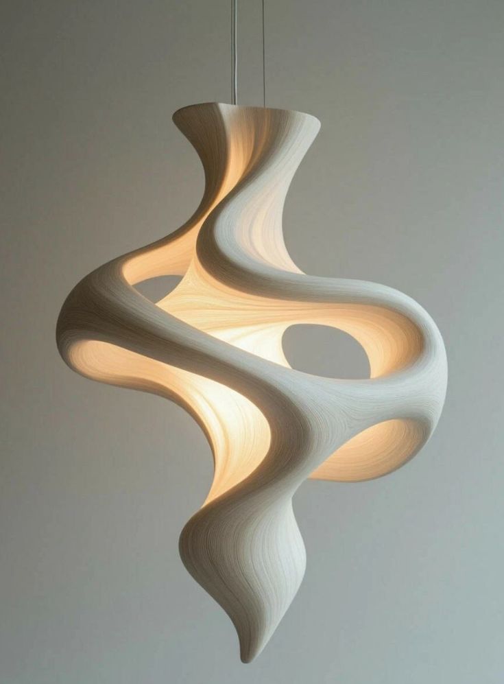 Modern sculptural wooden pendant lamp with flowing organic curves, emitting warm ambient light