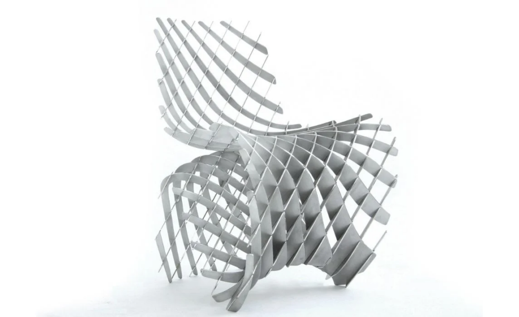 Modern sculptural metal chair with lattice grid of curved interlocking slats, contemporary geometric design