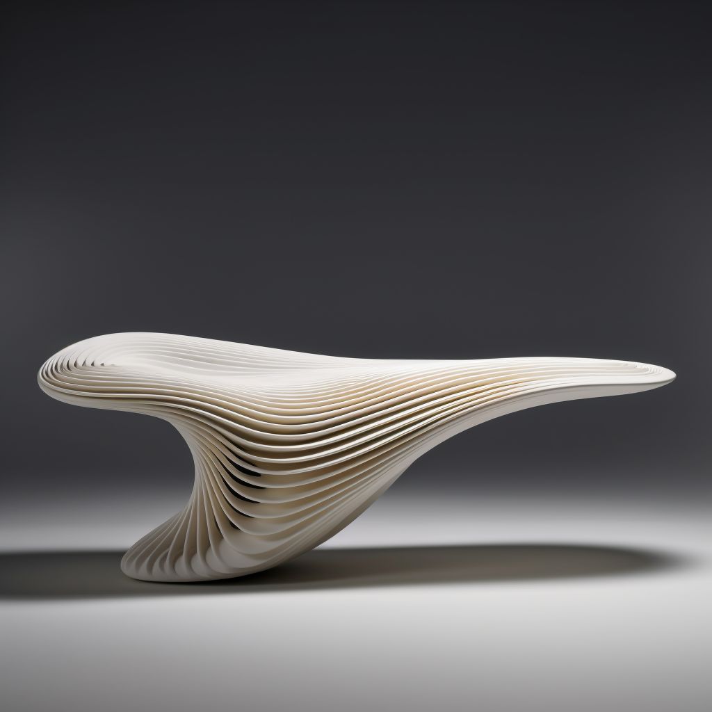 Minimalist organic layered white bench, modern sculptural slatted table for contemporary interiors