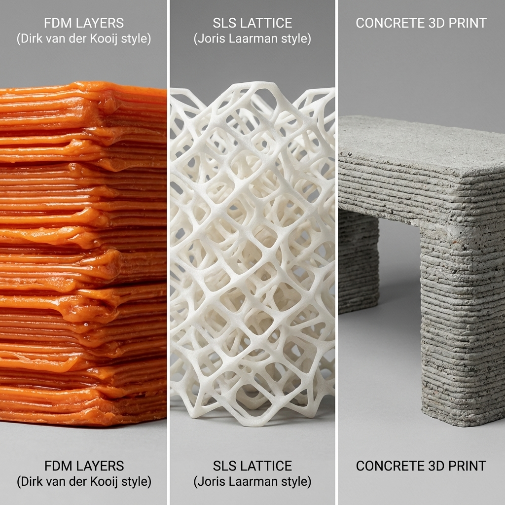 Three-panel 3D printing comparison: orange FDM layers, white SLS lattice, and stacked concrete 3D-printed stool.