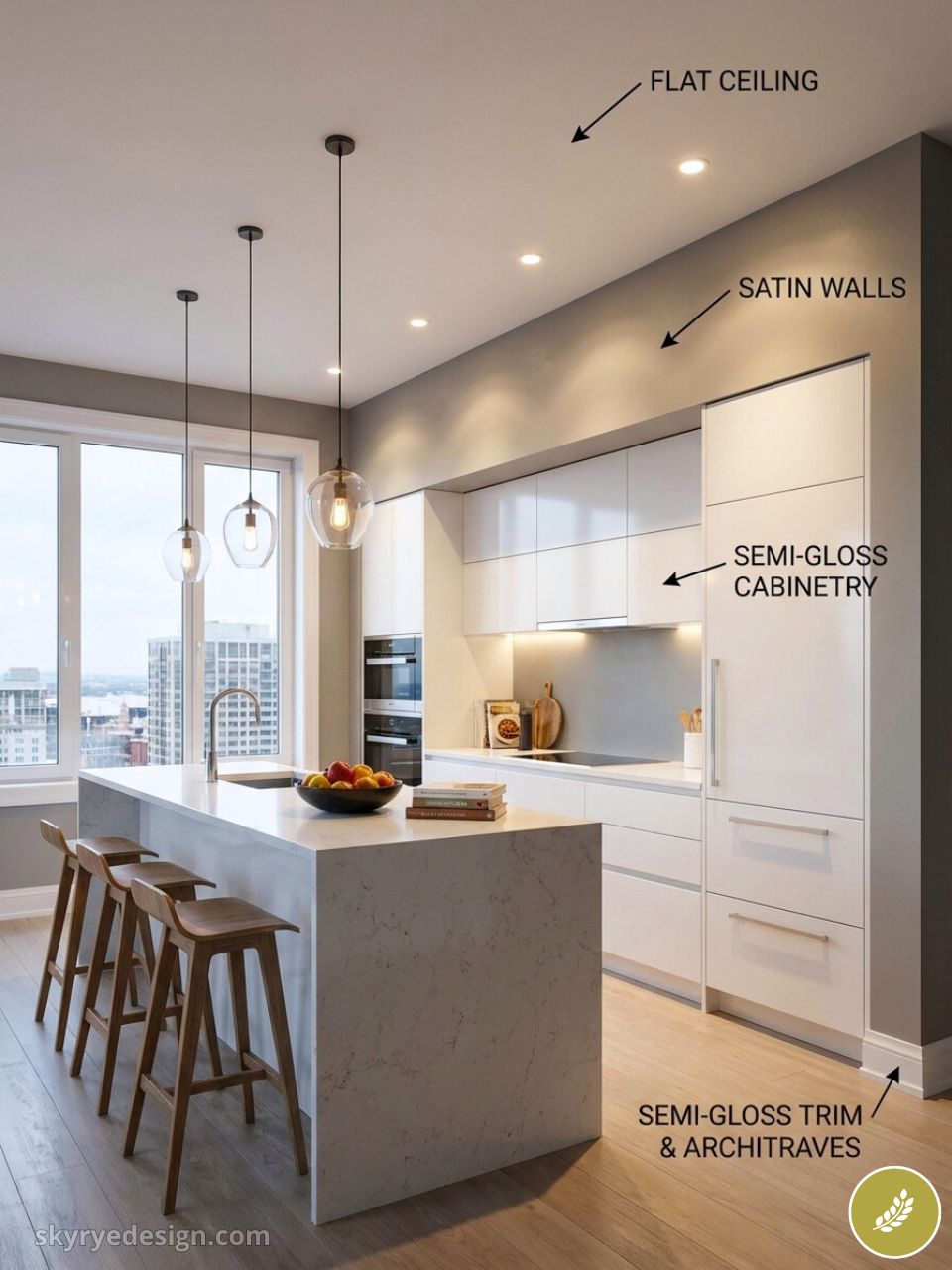 Modern kitchen with white marble island, pendant lights, wooden bar stools and semi-gloss cabinetry