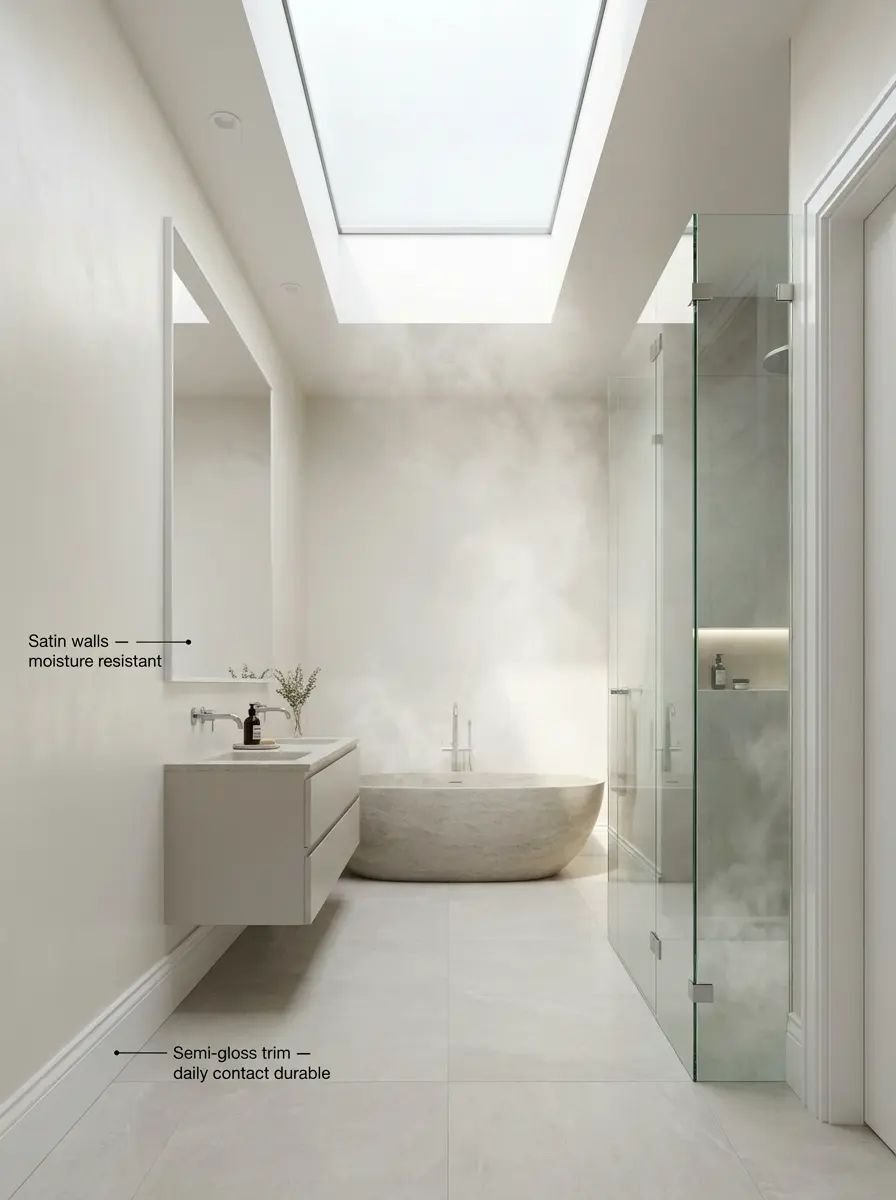 Minimalist neutral bathroom with skylight, freestanding stone bathtub, floating vanity and frameless glass shower.