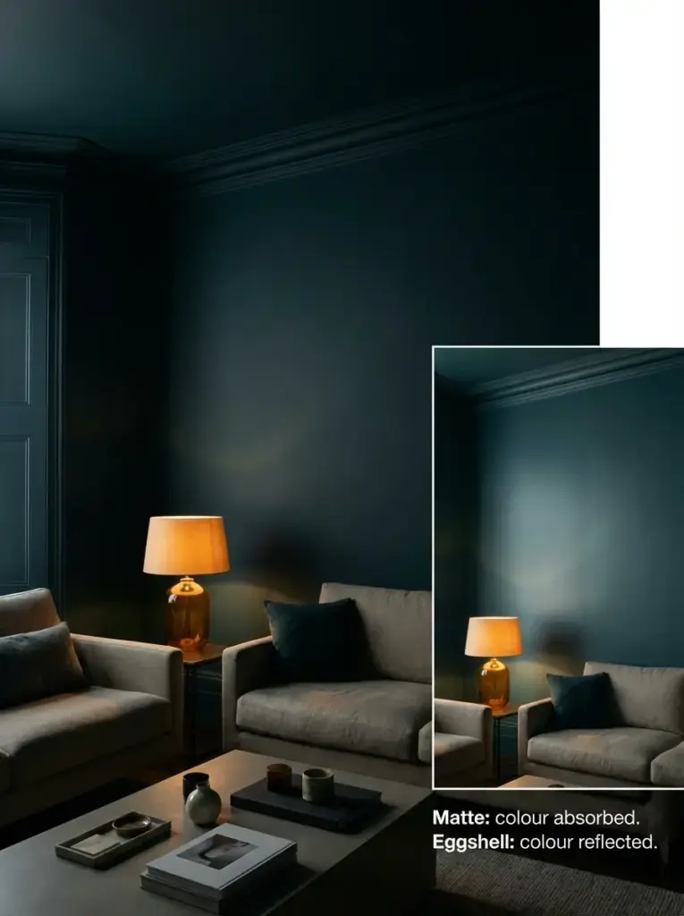 Dark teal living room with grey sofas, amber table lamp and coffee table; inset shows matte vs eggshell paint comparison.