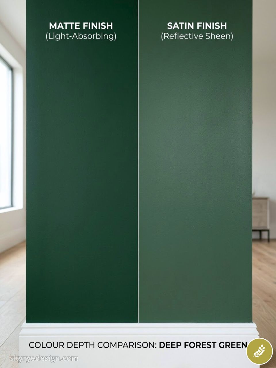Deep Forest Green paint comparison: matte (light-absorbing) vs satin (reflective sheen) finishes.