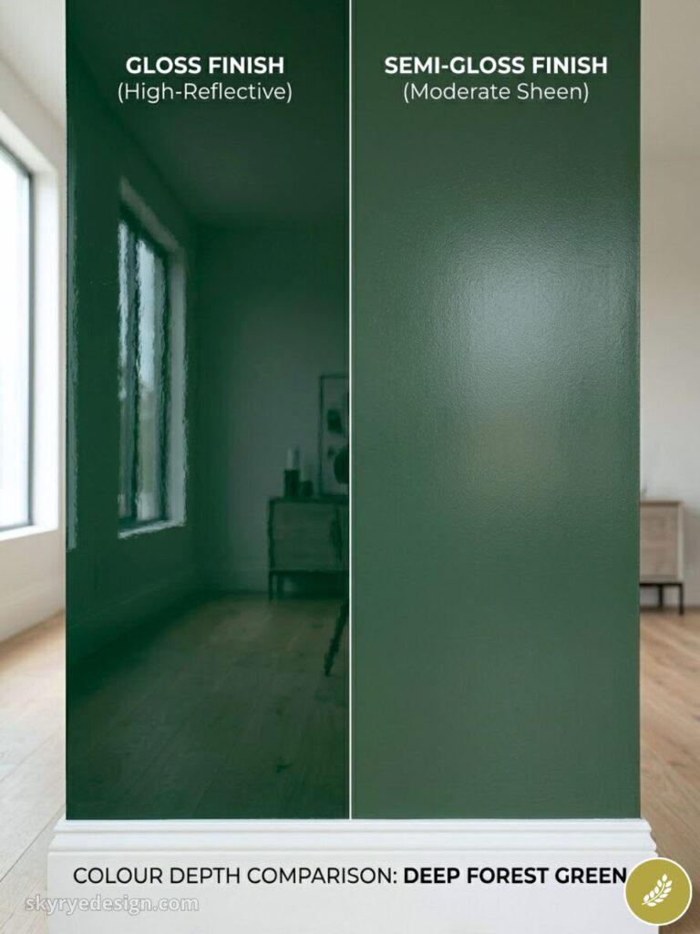Deep Forest Green paint finish comparison: high-reflective gloss (left) vs moderate-sheen semi-gloss (right)