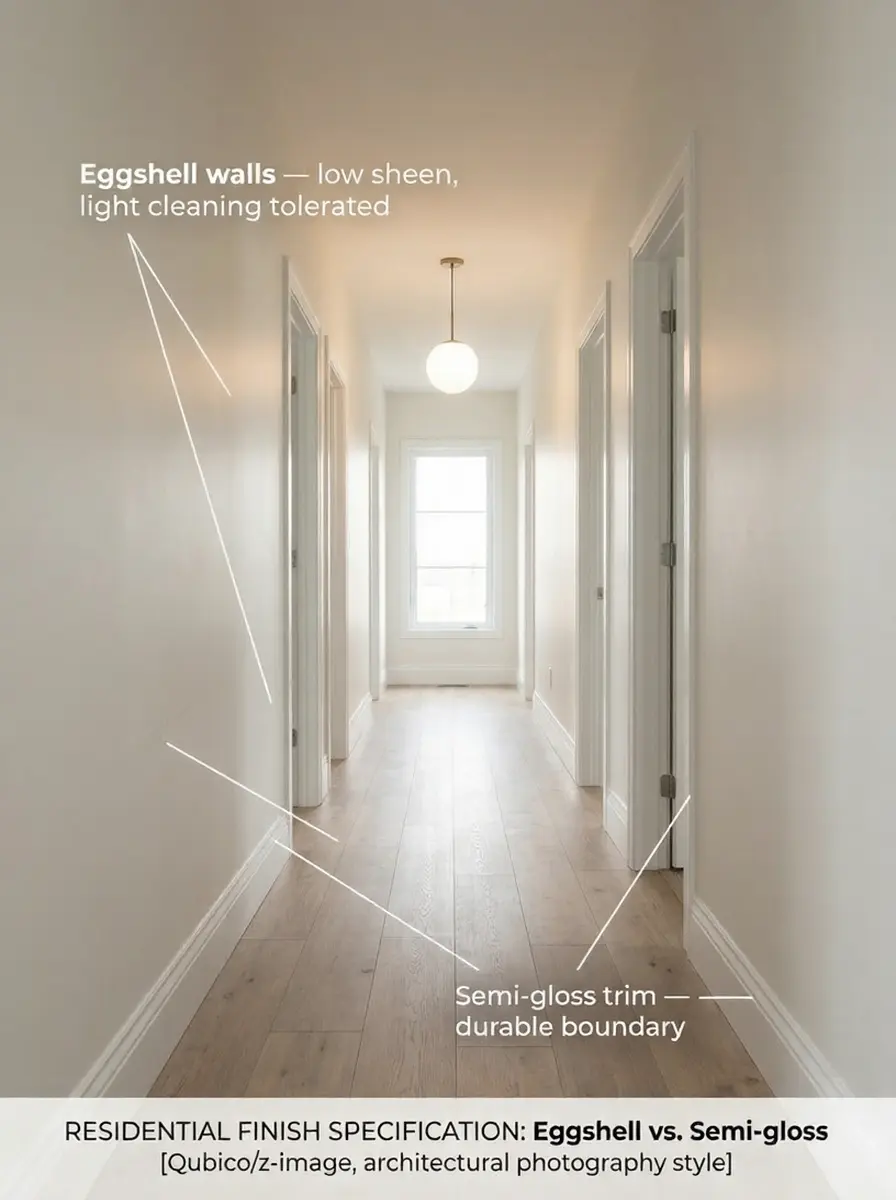 Hallway with eggshell walls and semi-gloss trim, light wood floor, pendant light and window — residential finish example