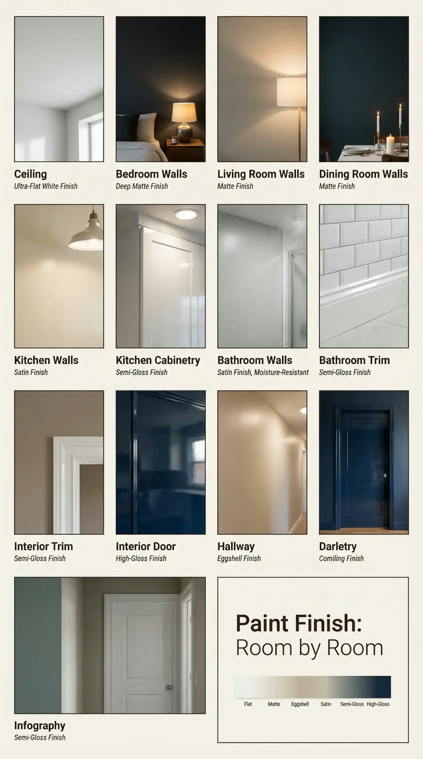 Room-by-room paint finish infographic showing recommended finishes for ceilings, walls, trim, cabinets and doors.