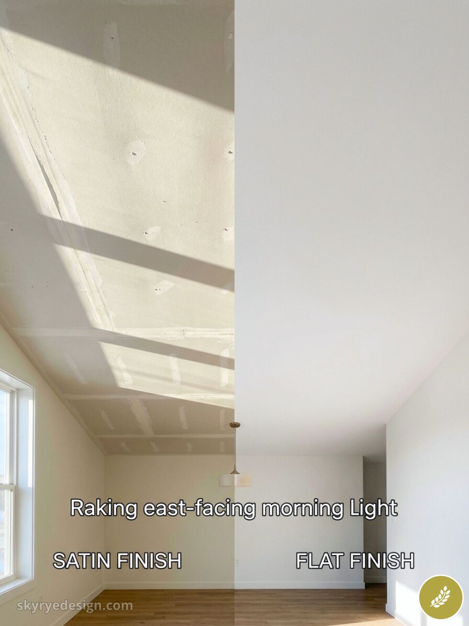 Split image comparing satin vs flat ceiling finishes under east-facing morning light, showing sheen on satin and muted flat.