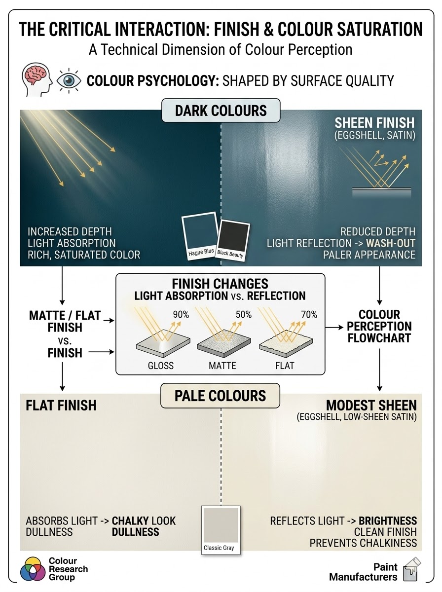 Infographic: How paint finish (matte, flat, sheen) affects colour saturation and perception for dark and pale colours